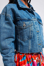 Load image into Gallery viewer, Celeste Cropped Denim Jacket With Raw Hem in Mid Wash
