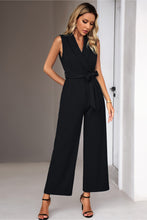Load image into Gallery viewer, Tie Waist Shawl Collar Sleeveless Jumpsuit