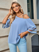 Load image into Gallery viewer, Enya Asymmetrical Neck Sheer Striped Flare Sleeve Blouse