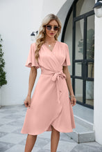 Load image into Gallery viewer, Tie Waist Flutter Sleeve Surplice Dress