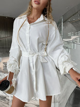 Load image into Gallery viewer, Nori Drawstring Balloon Sleeves Belted Mini Shirt Dress