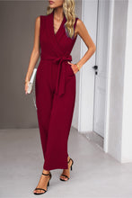 Load image into Gallery viewer, Tie Waist Shawl Collar Sleeveless Jumpsuit