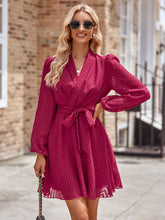 Load image into Gallery viewer, Summer Belted Surplice Neck Long Sleeve Mini Dress