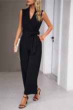Load image into Gallery viewer, Tie Waist Shawl Collar Sleeveless Jumpsuit