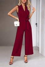 Load image into Gallery viewer, Tie Waist Shawl Collar Sleeveless Jumpsuit