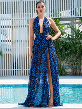 Load image into Gallery viewer, Natalia Leopard Halter Neck Backless Split Dress