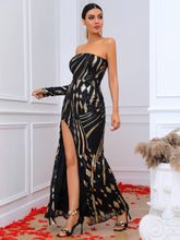 Load image into Gallery viewer, Arwen Strapless Contrast Sequin One Sleeve Split Dress