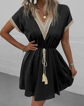 Load image into Gallery viewer, Contrast V-Neck Tassel Tie Dress