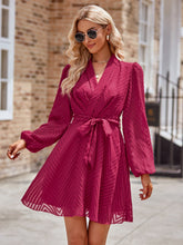 Load image into Gallery viewer, Summer Belted Surplice Neck Long Sleeve Mini Dress