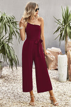 Load image into Gallery viewer, One-Shoulder Tie Belt Wide Leg Jumpsuit