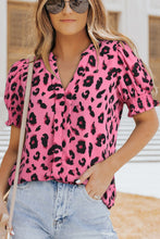 Load image into Gallery viewer, Leopard Notched Neck Short Flounce Sleeve Blouse