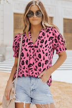 Load image into Gallery viewer, Leopard Notched Neck Short Flounce Sleeve Blouse