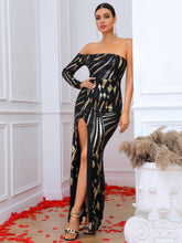 Load image into Gallery viewer, Arwen Strapless Contrast Sequin One Sleeve Split Dress