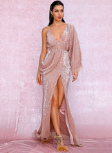 Load image into Gallery viewer, V-Neck Single Sleeve Sequin Split Dress