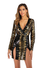 Load image into Gallery viewer, Black Gold Sequin Long Sleeve Split Dress