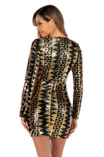 Load image into Gallery viewer, Black Gold Sequin Long Sleeve Split Dress