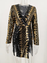 Load image into Gallery viewer, Black Gold Sequin Long Sleeve Split Dress