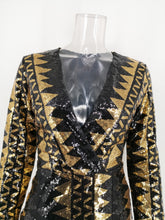 Load image into Gallery viewer, Black Gold Sequin Long Sleeve Split Dress