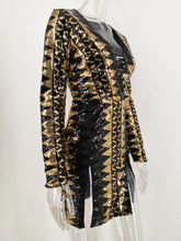 Load image into Gallery viewer, Black Gold Sequin Long Sleeve Split Dress