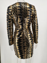 Load image into Gallery viewer, Black Gold Sequin Long Sleeve Split Dress