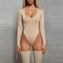 Load image into Gallery viewer, Beige O-Neck Drawstring Bodysuit