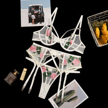Load image into Gallery viewer, Mesh White Floral 3 Piece Lingerie