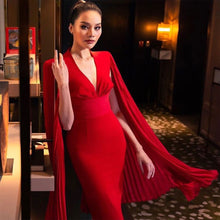 Load image into Gallery viewer, Red V-Neck Batwing Sleeve Midi Dress