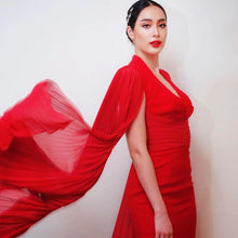 Load image into Gallery viewer, Red V-Neck Batwing Sleeve Midi Dress