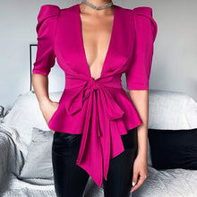 Load image into Gallery viewer, Peplum Bow Tie Open Front Blouse
