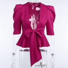Load image into Gallery viewer, Peplum Bow Tie Open Front Blouse