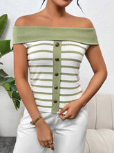 Load image into Gallery viewer, Vaila Decorative Button Striped Off-Shoulder Knit Top
