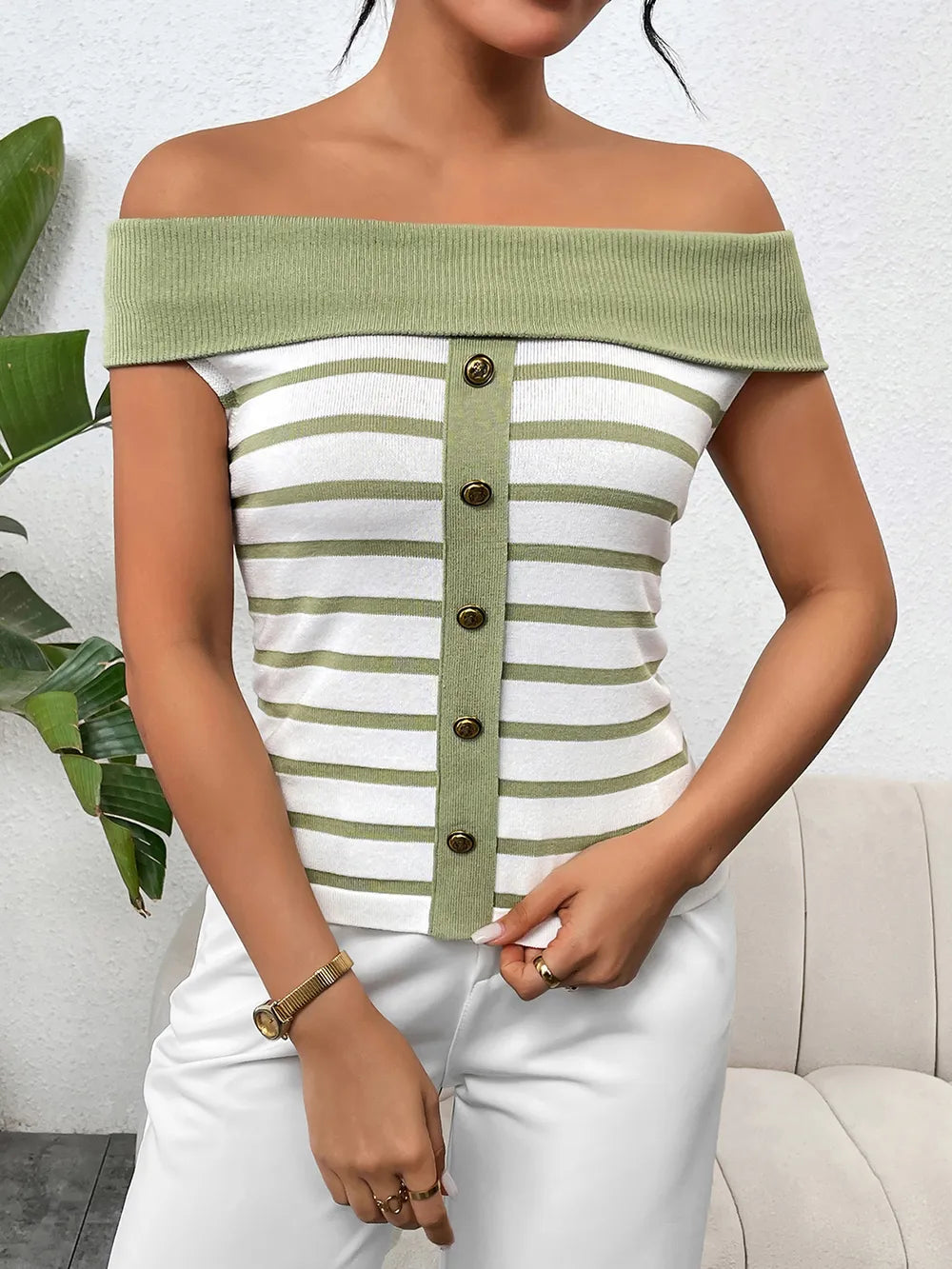 Vaila Decorative Button Striped Off-Shoulder Knit Top