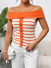 Load image into Gallery viewer, Vaila Decorative Button Striped Off-Shoulder Knit Top
