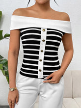 Load image into Gallery viewer, Vaila Decorative Button Striped Off-Shoulder Knit Top
