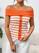 Load image into Gallery viewer, Vaila Decorative Button Striped Off-Shoulder Knit Top
