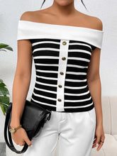 Load image into Gallery viewer, Vaila Decorative Button Striped Off-Shoulder Knit Top
