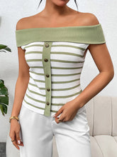 Load image into Gallery viewer, Vaila Decorative Button Striped Off-Shoulder Knit Top
