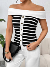 Load image into Gallery viewer, Vaila Decorative Button Striped Off-Shoulder Knit Top
