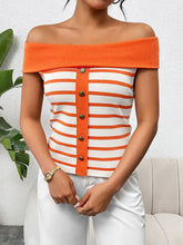 Load image into Gallery viewer, Vaila Decorative Button Striped Off-Shoulder Knit Top
