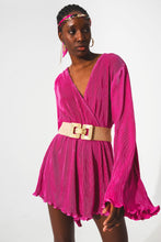 Load image into Gallery viewer, Malina Satin Wrap Detailed Pleated Short Jumpsuit in Fuchsia
