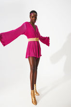Load image into Gallery viewer, Malina Satin Wrap Detailed Pleated Short Jumpsuit in Fuchsia
