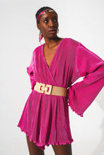 Load image into Gallery viewer, Malina Satin Wrap Detailed Pleated Short Jumpsuit in Fuchsia
