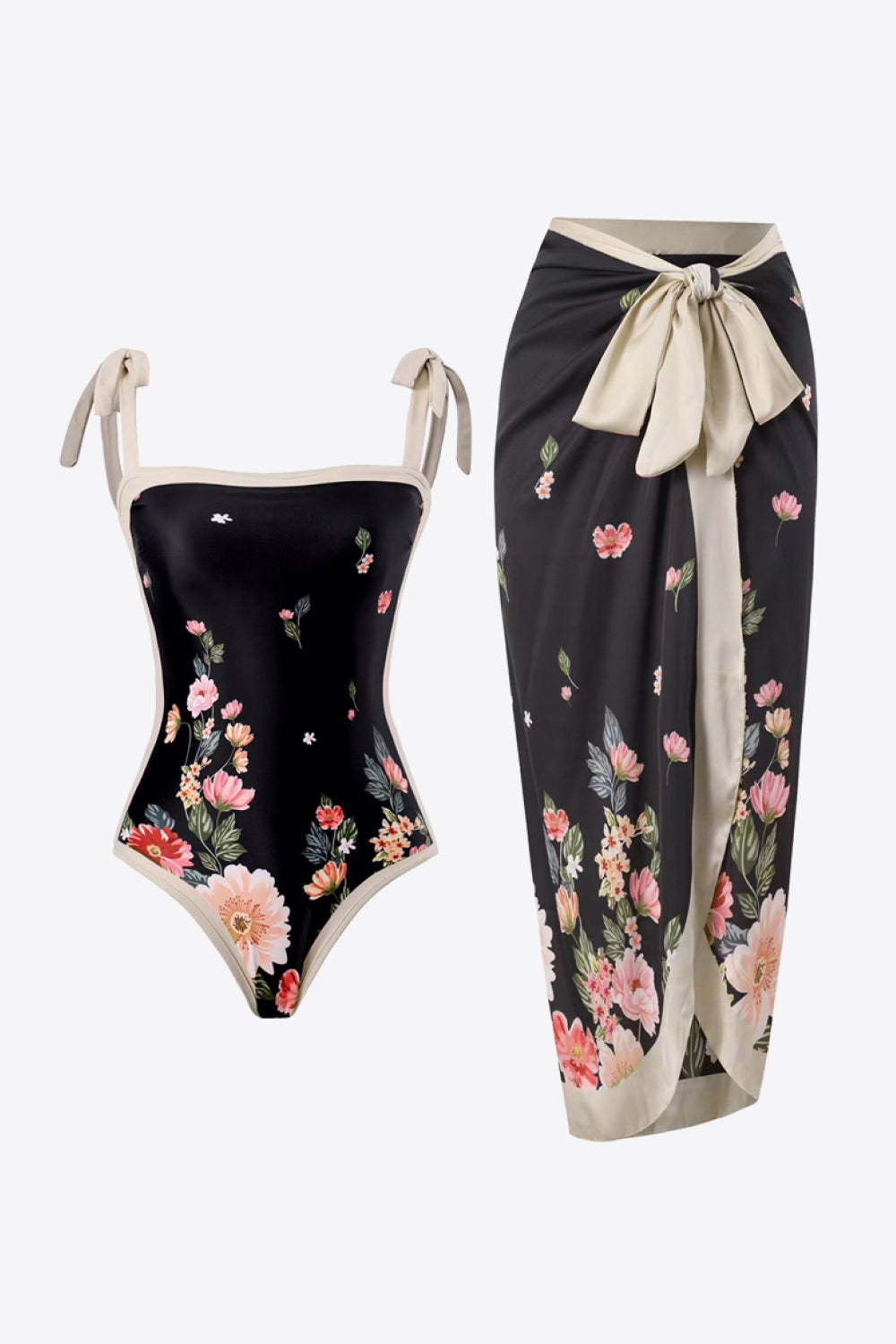 Ebony Floral Tie-Shoulder Two-Piece Swim Pair