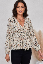 Load image into Gallery viewer, Amina Printed Tie Front Plunge Peplum Blouse
