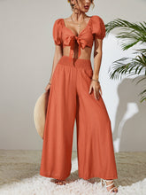 Load image into Gallery viewer, Myrtle Tie Front Cropped Top and Smocked Wide Leg Pants Set
