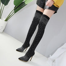 Load image into Gallery viewer, Black Over The Knee Rhinestone Pointed Toe Stretch Boots
