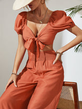 Load image into Gallery viewer, Myrtle Tie Front Cropped Top and Smocked Wide Leg Pants Set
