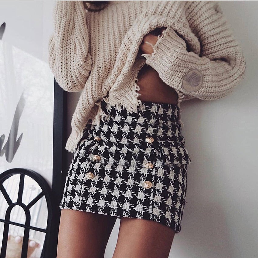 Xahria Houndstooth Lion Buttons Mini Skirt