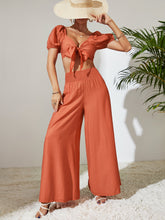 Load image into Gallery viewer, Myrtle Tie Front Cropped Top and Smocked Wide Leg Pants Set
