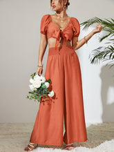 Load image into Gallery viewer, Myrtle Tie Front Cropped Top and Smocked Wide Leg Pants Set
